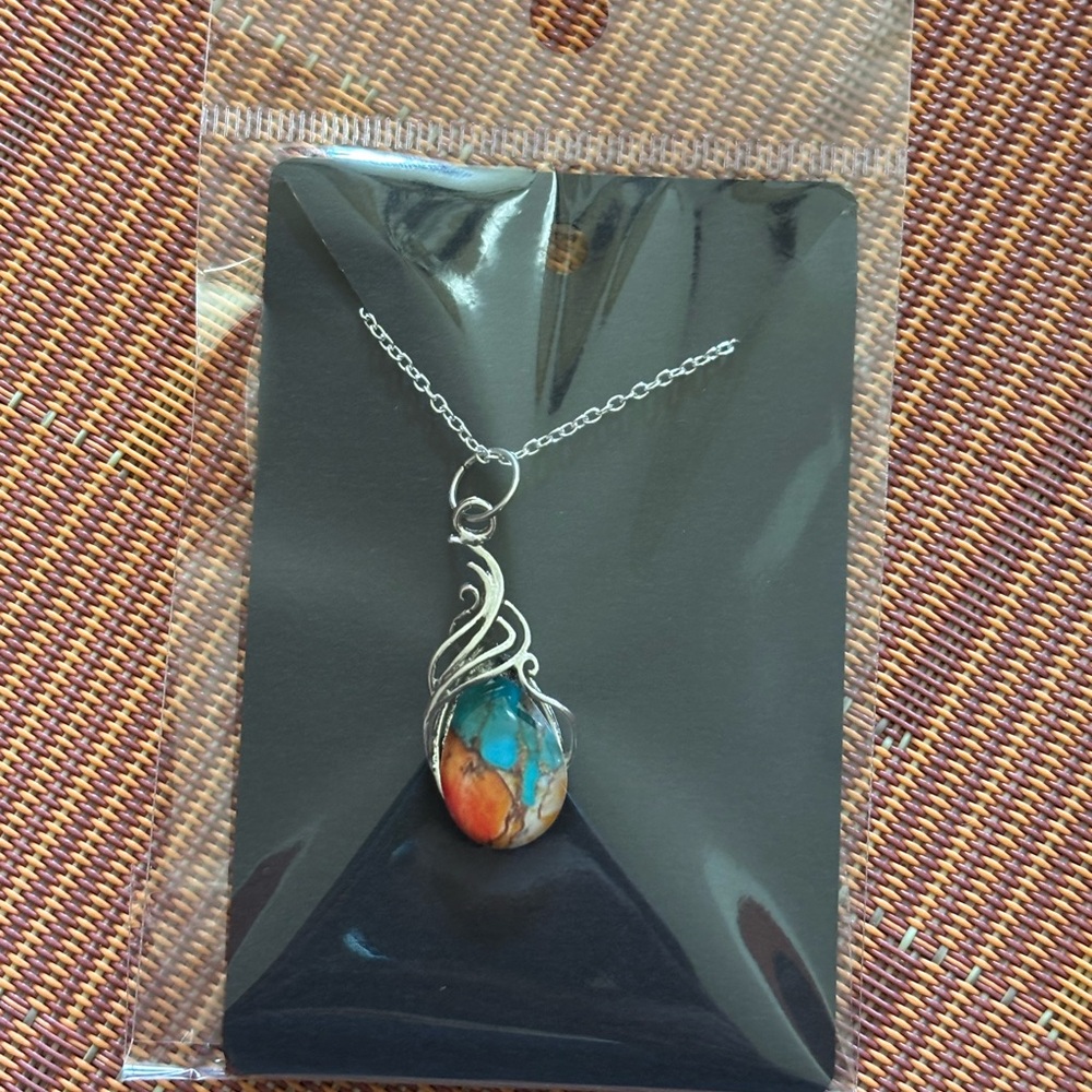 💥2/$24 or 3/$30💥 Silver Necklace with Turquoise and Orange Mosiac Stone. NWT - Picture 5 of 7
